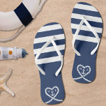Nautical Blue Striped Rope Heart Anchor Wedding Flip Flops<br><div class="desc">Nautical blue and white wedding honeymoon flip flops for a wife.  Great for a Navy (military) or lake house wedding.  Design features stripes and a heart shaped rope with anchor and couple initials in the middle.  Personalise it with your wedding details.</div>