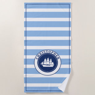 Nautical Blue Striped Sailing Ship Monogrammed Beach Towel