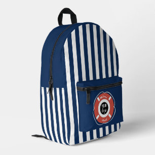 Nautical Blue Striped Welcome Aboard Boat Logo Printed Backpack
