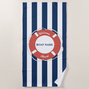Nautical Blue Striped Welcome Aboard Boat Name Beach Towel