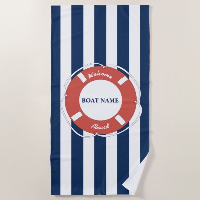 Nautical Blue Striped Welcome Aboard Boat Name Beach Towel (Front)