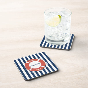 Nautical Blue Striped Welcome Aboard Boat Name Coaster
