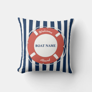 Nautical Blue Striped Welcome Aboard Boat Name Cushion