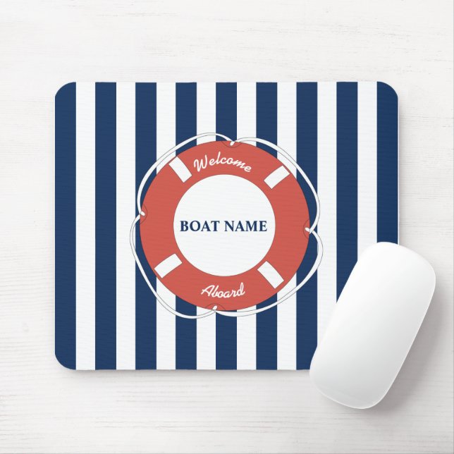 Nautical Blue Striped Welcome Aboard Boat Name Mouse Mat (With Mouse)