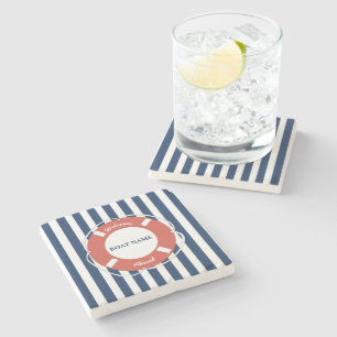 Nautical Blue Striped Welcome Aboard Boat Name Stone Coaster