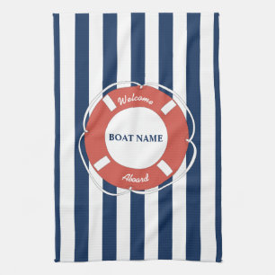 Nautical Blue Striped Welcome Aboard Boat Name  Tea Towel