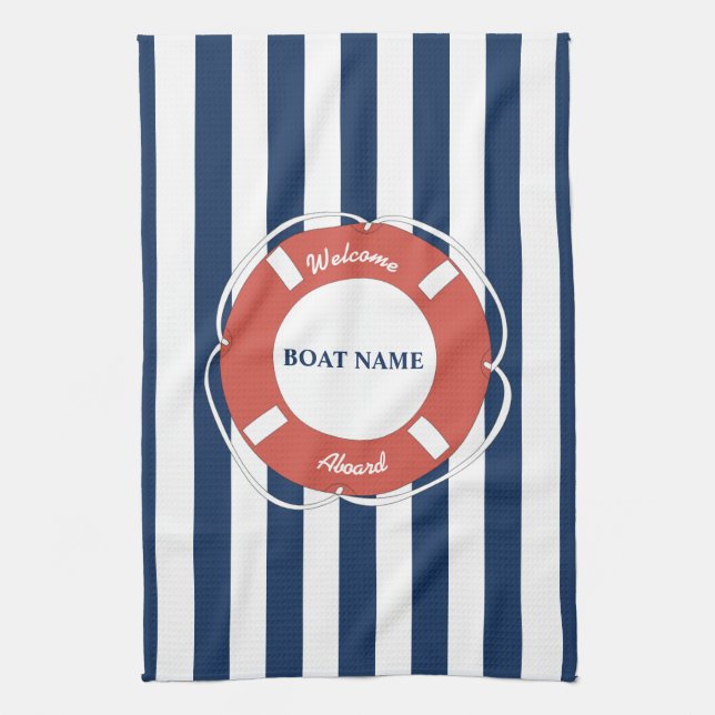 Nautical Blue Striped Welcome Aboard Boat Name  Tea Towel (Vertical)
