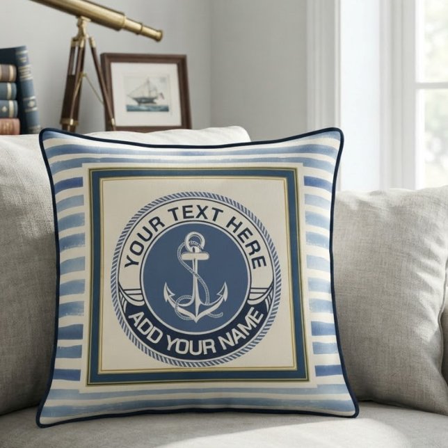 Nautical Blue Stripes Anchor Custom Monogram Cushion (Creator Uploaded)