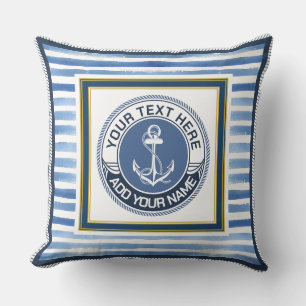 Nautical Blue Stripes Anchor Custom Monogram Cushion