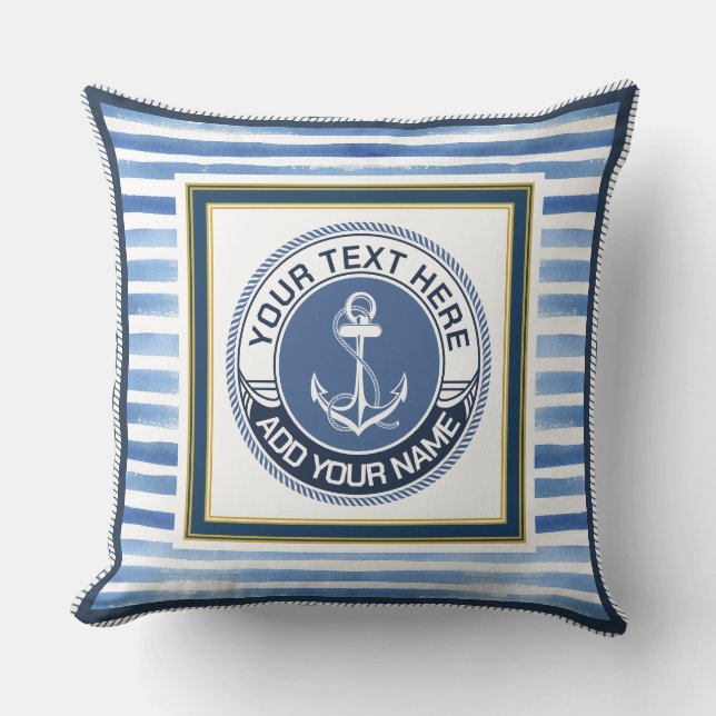 Nautical Blue Stripes Anchor Custom Monogram Cushion (Front)