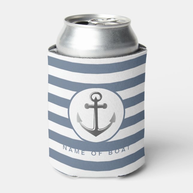 Nautical Blue Stripes Anchor Your Boat Name Can Cooler (Can Front)