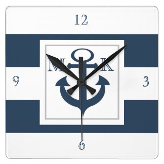 Nautical Blue Stripes and Anchor with Monogram Square Wall Clock