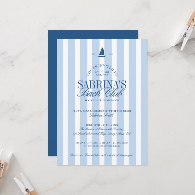 Nautical Blue Stripes Bachelorette Party  Invitation (Front/Back In Situ)