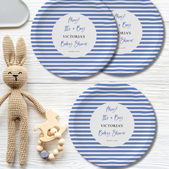 Nautical Blue Stripes Boy Baby Shower Paper Plate (Creator Uploaded)