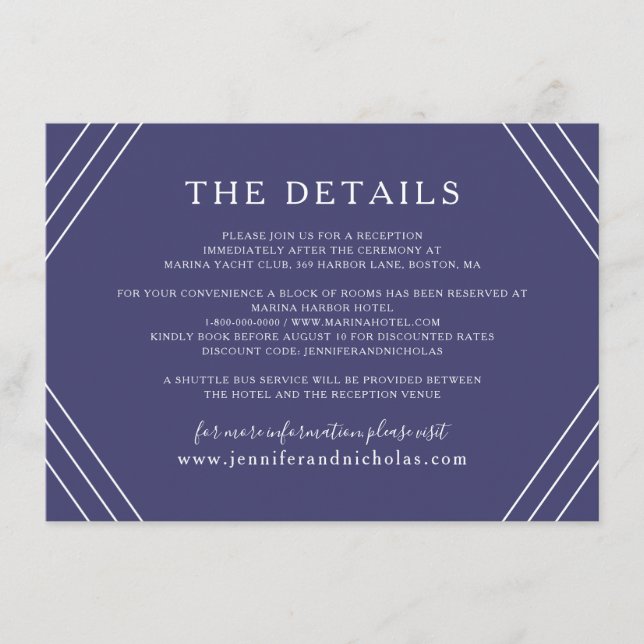 Nautical Blue Stripes Gold Anchor Wedding Details Enclosure Card (Front)