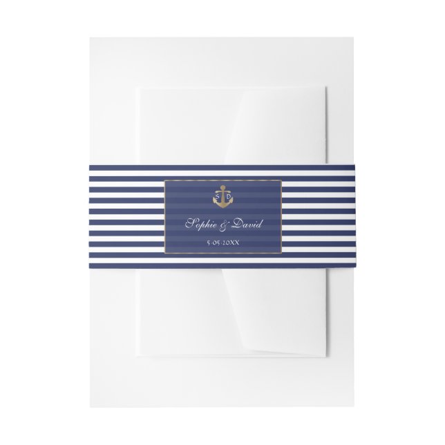Nautical Blue Stripes Gold Anchor Wedding Invitation Belly Band (Front Example)