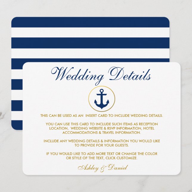 Nautical Blue Stripes Gold Wedding Details Insert Invitation (Front/Back)
