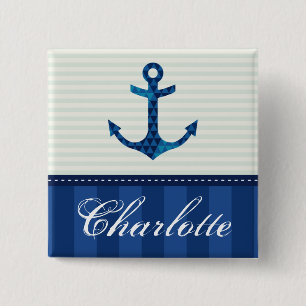 Nautical Blue Stripes Pattern Anchor Custom Name 15 Cm Square Badge