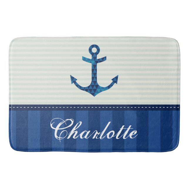 Nautical Blue Stripes Pattern Anchor Custom Name Bath Mat (Front)
