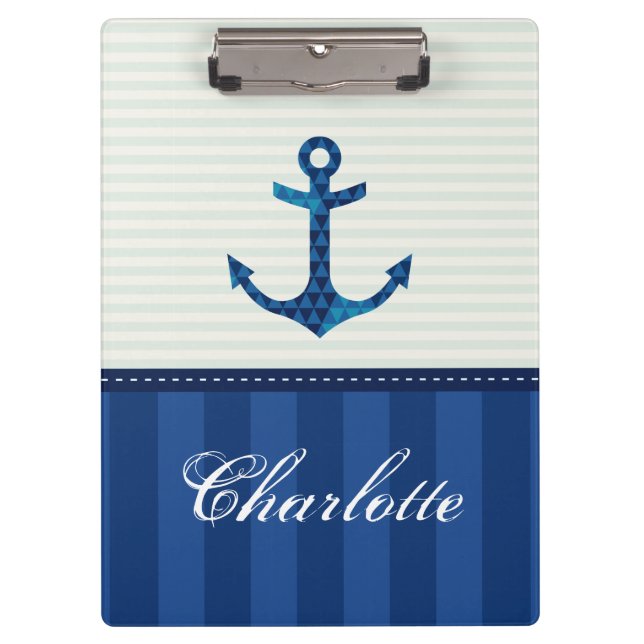 Nautical Blue Stripes Pattern Anchor Custom Name Clipboard (Front)