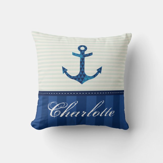 Nautical Blue Stripes Pattern Anchor Custom Name Cushion (Front)