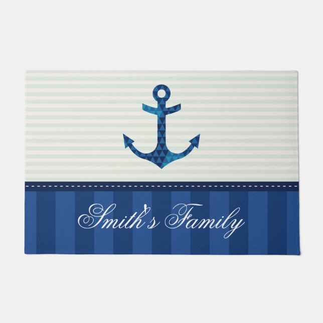 Nautical Blue Stripes Pattern Anchor Custom Name Doormat (Front)