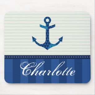 Nautical Blue Stripes Pattern Anchor Custom Name Mouse Mat