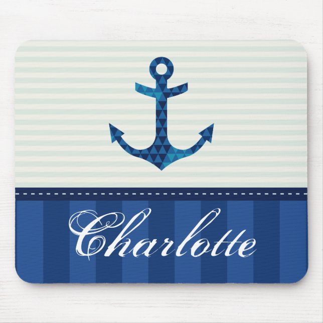 Nautical Blue Stripes Pattern Anchor Custom Name Mouse Mat (Front)