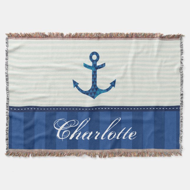 Nautical Blue Stripes Pattern Anchor Custom Name Throw Blanket (Front)