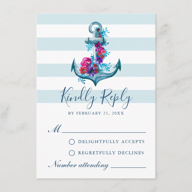 Nautical Blue Stripes Watercolor Anchor RSVP Card (Front)