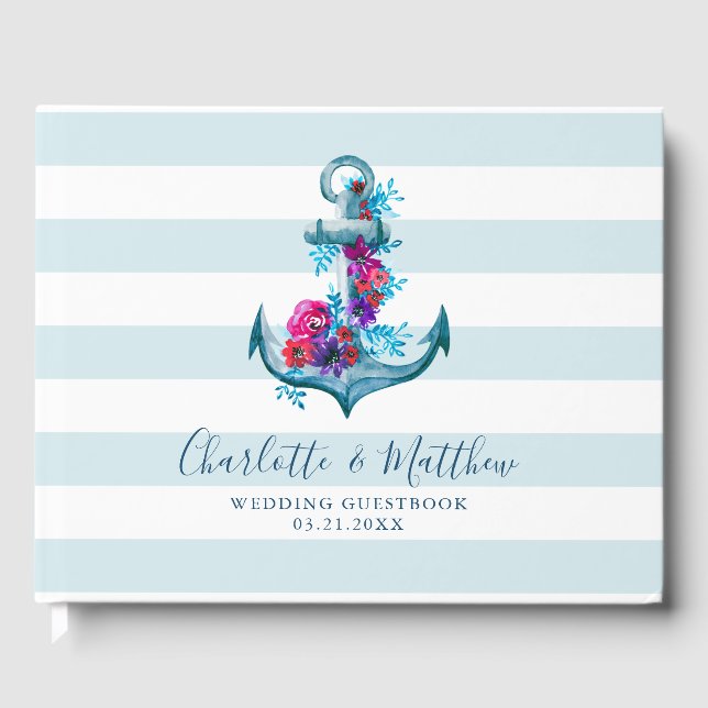 Nautical Blue Stripes Watercolor Anchor Wedding Guest Book (Front)