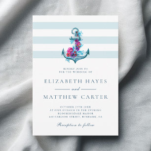 Nautical Blue Stripes Watercolor Anchor Wedding Invitation