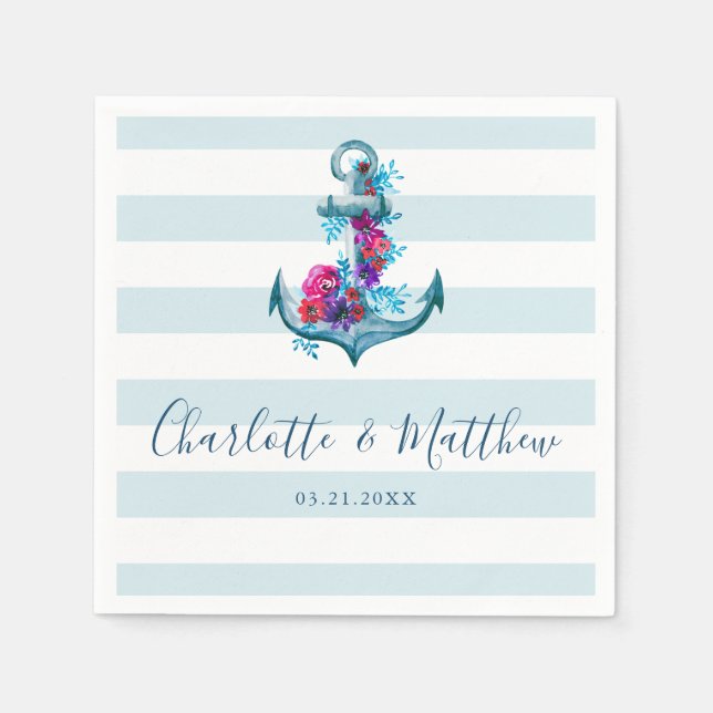 Nautical Blue Stripes Watercolor Anchor Wedding Napkin (Front)