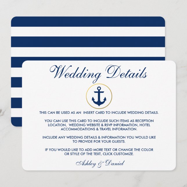 Nautical Blue Stripes Wedding Details Insert Invitation (Front/Back)