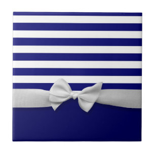 Nautical blue stripes & white ribbon bow graphic tile