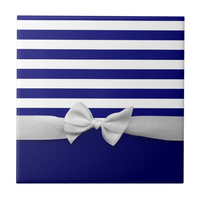 Nautical blue stripes & white ribbon bow graphic tile (Front)