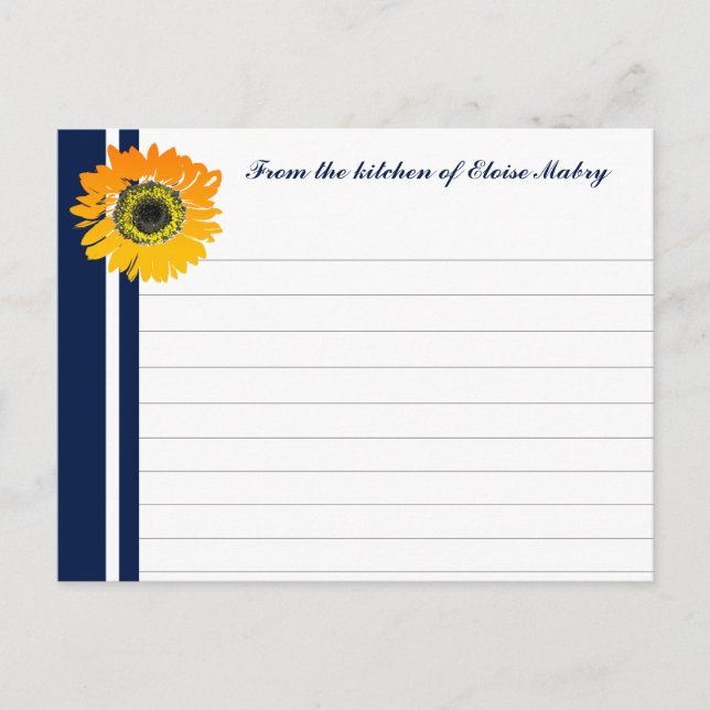 Nautical Blue Sunflower Personalised Recipe Cards (Front)