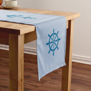 Nautical Blue Table Runner with Ship's Wheel Art