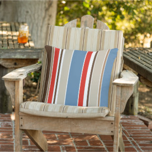Nautical Blue Taupe Dark Brown Red White Stripes Cushion