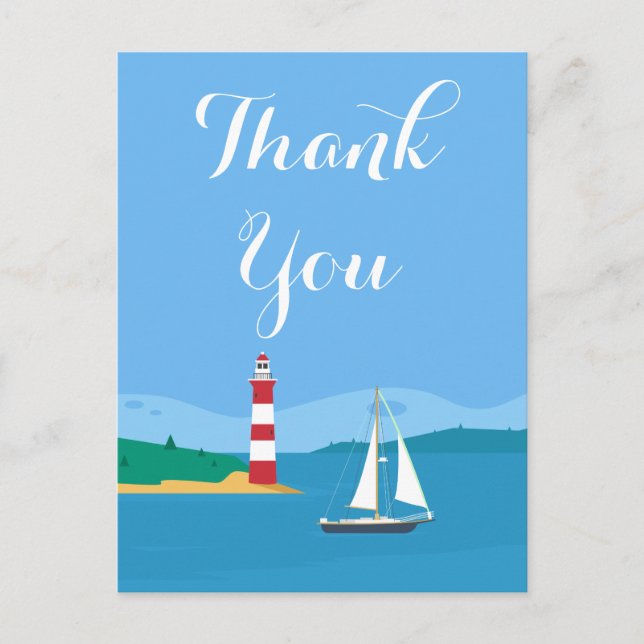 Nautical Blue Thank You Lighthouse & Sailboat Postcard (Front)