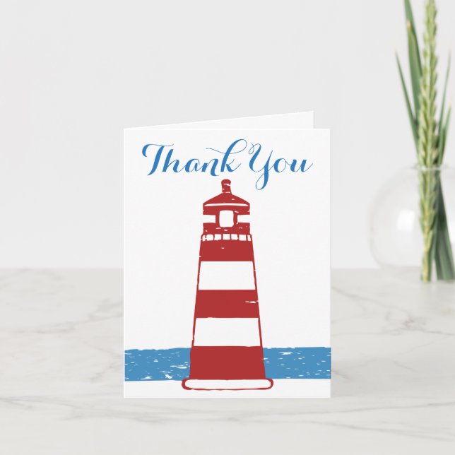 Nautical Blue Thank You Red & White Lighthouse Sea (Front)