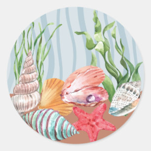 Nautical Blue Tropical Beach Watercolor Seashell Classic Round Sticker