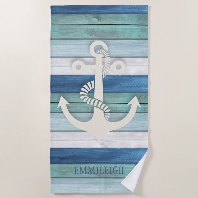 Nautical Blue Turquoise White Wood Anchor Beach Towel (Front)