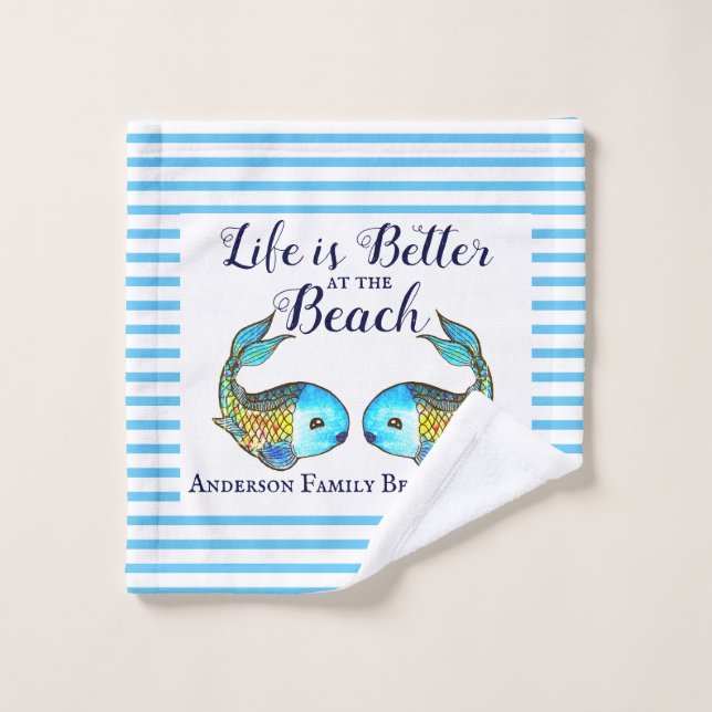 Nautical Blue Watercolor Fish Family Beach House Wash Cloth (Wash Cloth)