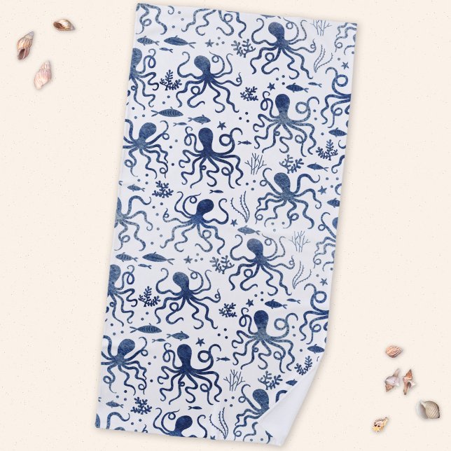 Nautical Blue Watercolor Octopus Undersea Pattern Beach Towel (Octopus pattern blue and white watercolor art beach towel)