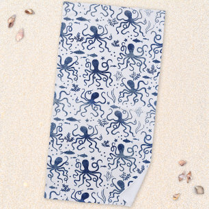 Nautical Blue Watercolor Octopus Undersea Pattern Beach Towel