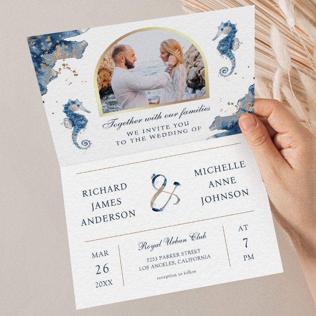 Nautical Blue Watercolor Seahorse QR Code Wedding Invitation (Creator Uploaded)