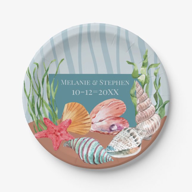 Nautical Blue Watercolor Seashell Beach Wedding Paper Plate (Front)