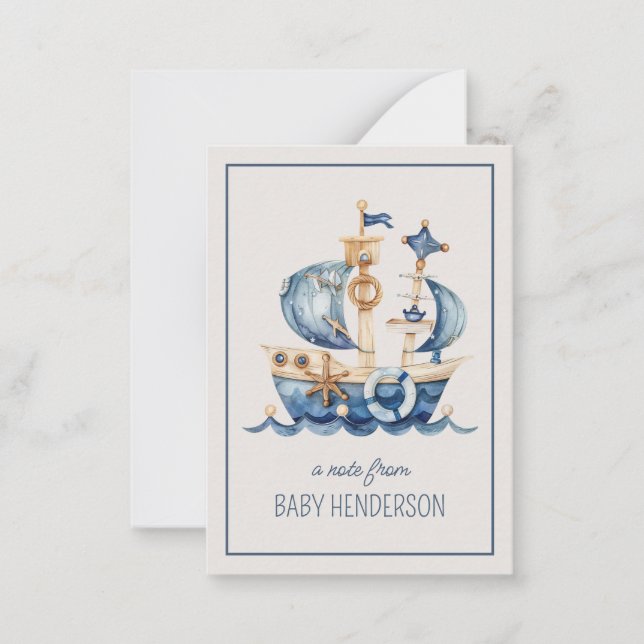 Nautical Blue Watercolor Ship Personalised Card (Front)