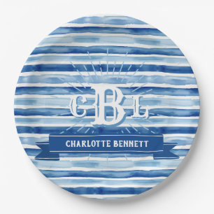 Nautical Blue Watercolor Stripe Full Monogram Paper Plate